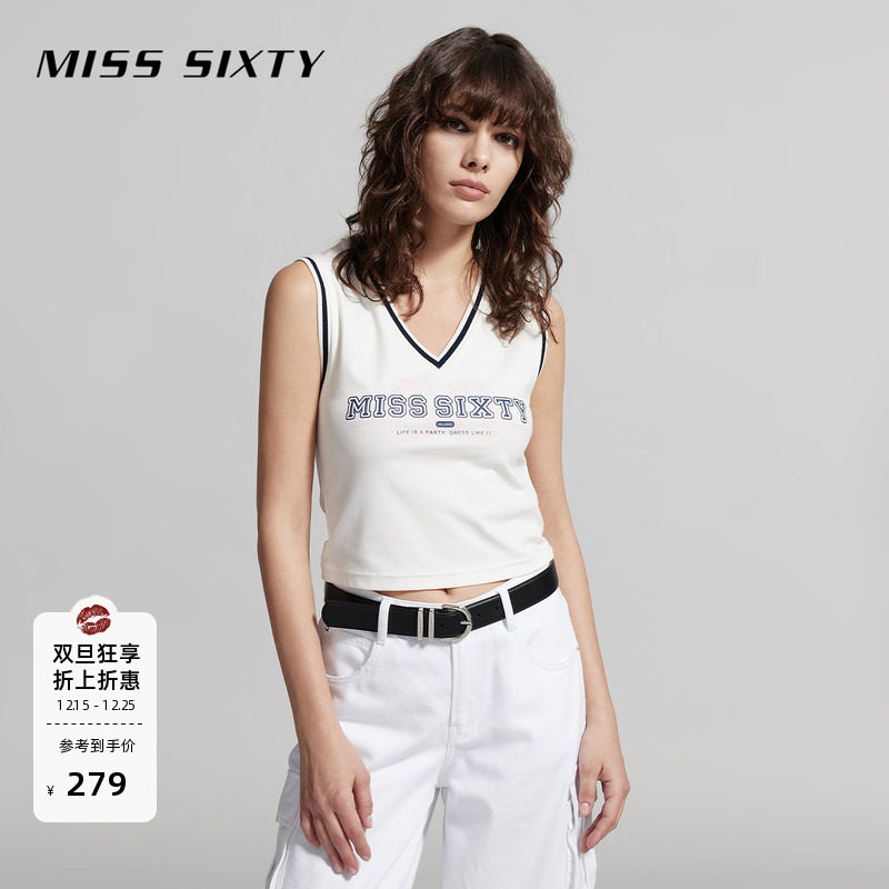 Miss Sixty无袖T恤V领复古运动风印花短款上衣背心休闲上