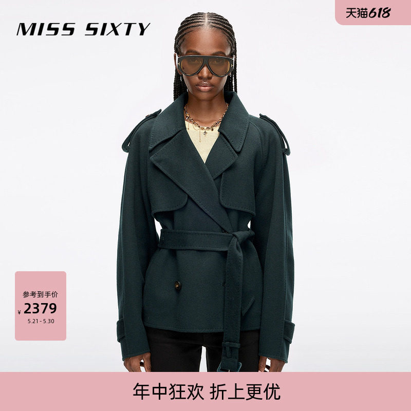 Miss Sixty冬季羊毛呢外套女外搭双排扣配腰带风衣高智感通