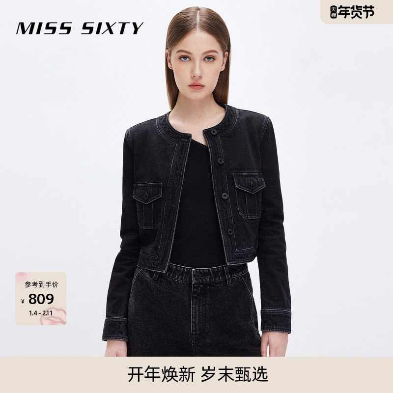Miss Sixty黑色牛仔外套女圆领利落通勤气质显瘦短款复古设计感,女装/女士精品,短外套,淘宝优惠券,粉丝福利购,淘宝优惠卷