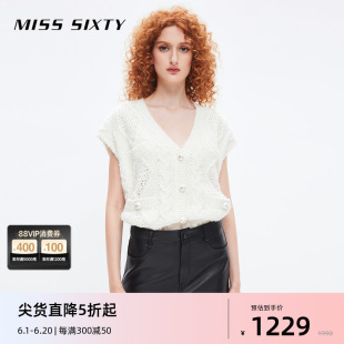 珍珠纽扣软糯百搭开衫 Sixty针织马甲外套女气质V领坎肩袖 Miss