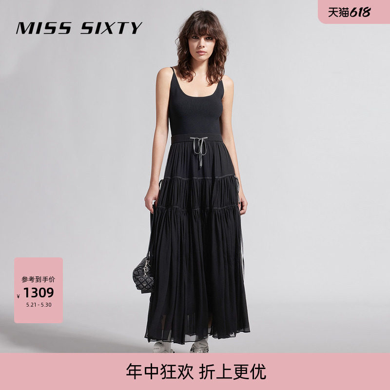 【含桑蚕丝】Miss Sixty可调吊带连身连衣裙法式小黑裙气质