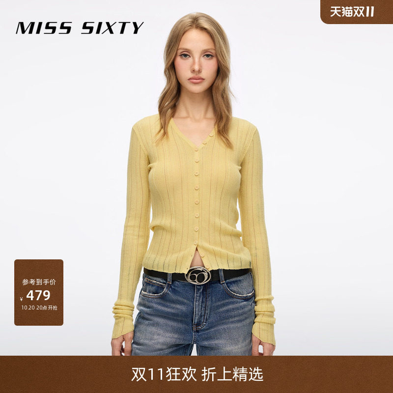 【羊毛混纺】Miss Sixty2026秋季新款针织衫女V领镂空修身上衣