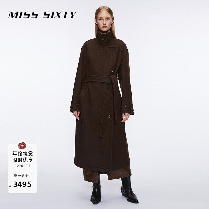 Miss Sixty棕色绵羊毛呢大衣女高级感气质附腰带通勤长款外