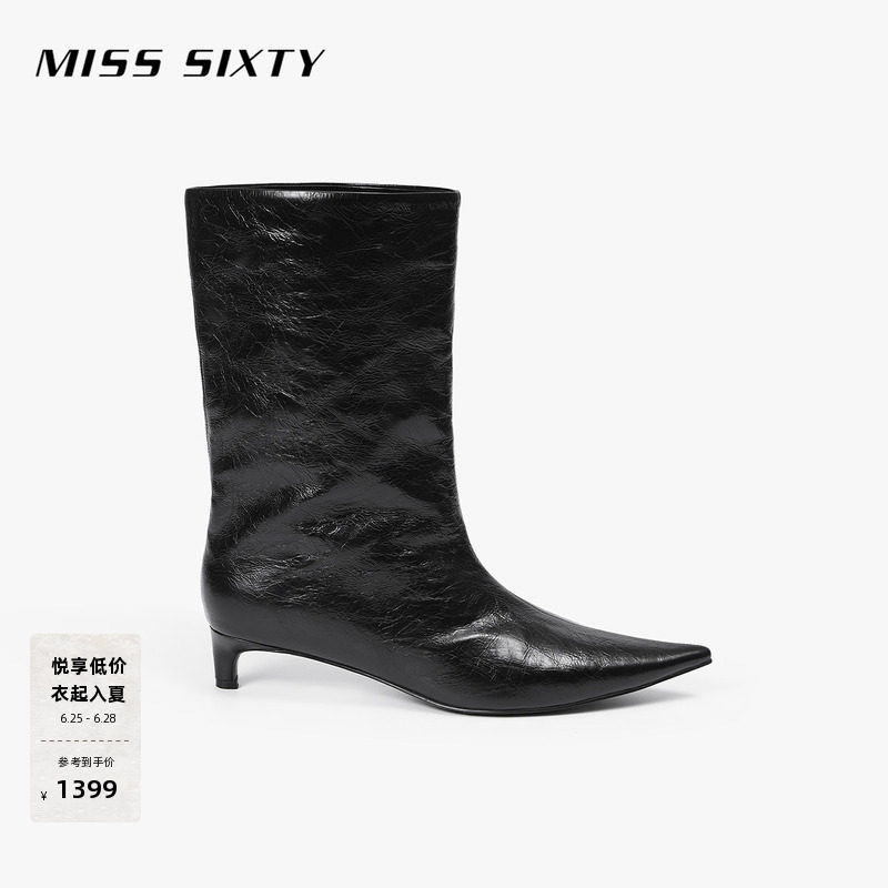 Miss Sixty秋季靴子女尖头细跟中跟筒靴黑色牛皮革真皮百搭