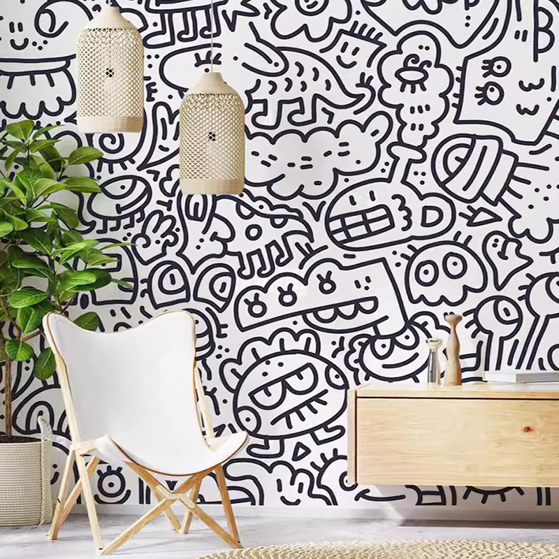 网红卡通Doodl涂鸦潮流壁纸创意潮玩服装鞋子店街舞健身房装修墙,家装主材,无纺布墙纸,淘宝优惠券,粉丝福利购,淘宝优惠卷