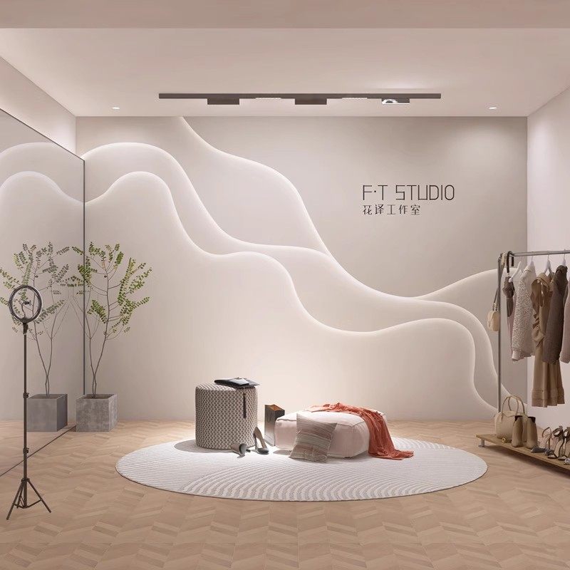 美容院前台背景墙纸简约3d几何服装店工作室直播高级感壁纸奶油风