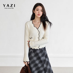 2026春新款米白撞色波浪领针织开衫女小香风短款通勤显瘦温柔上衣