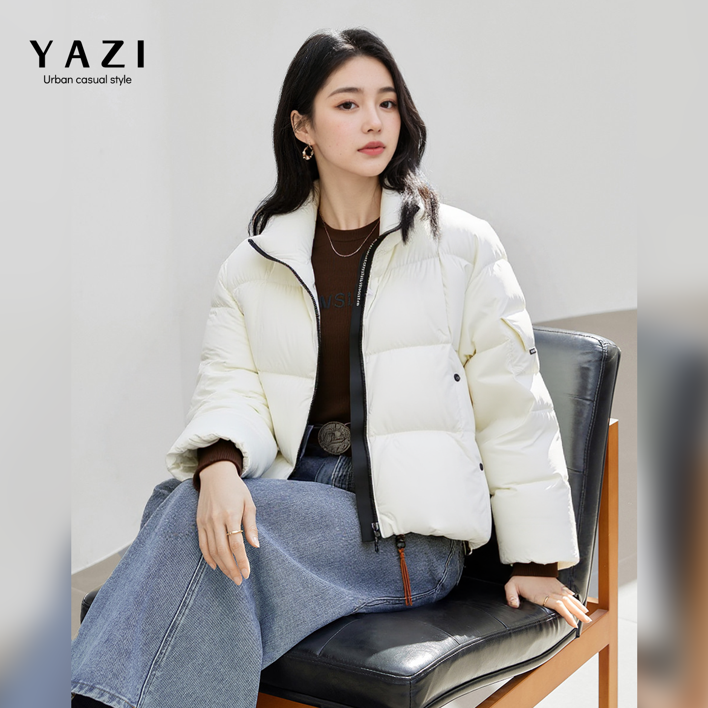 米白色云感立领短款羽绒服女保暖