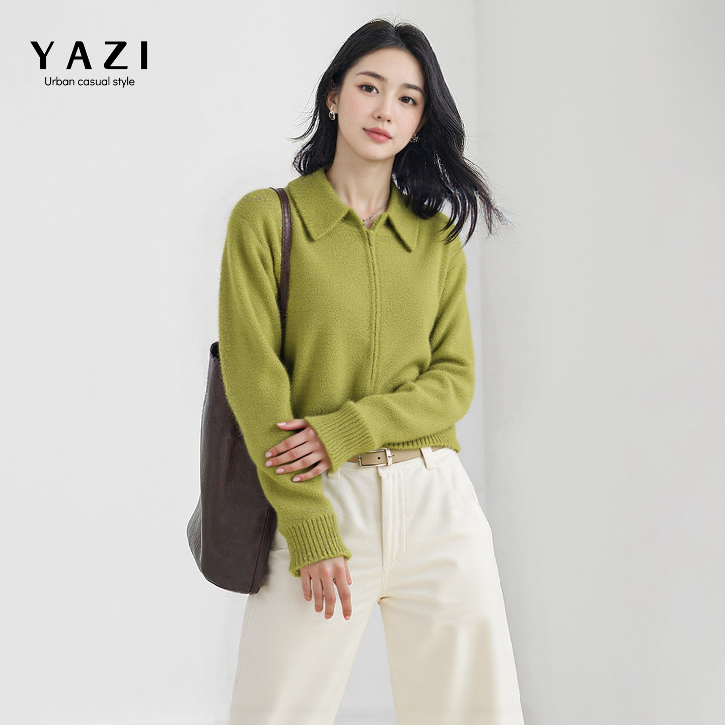 羊毛混纺牛油果绿翻领拉链毛衣女2025秋冬短款韩系温柔风针织开衫