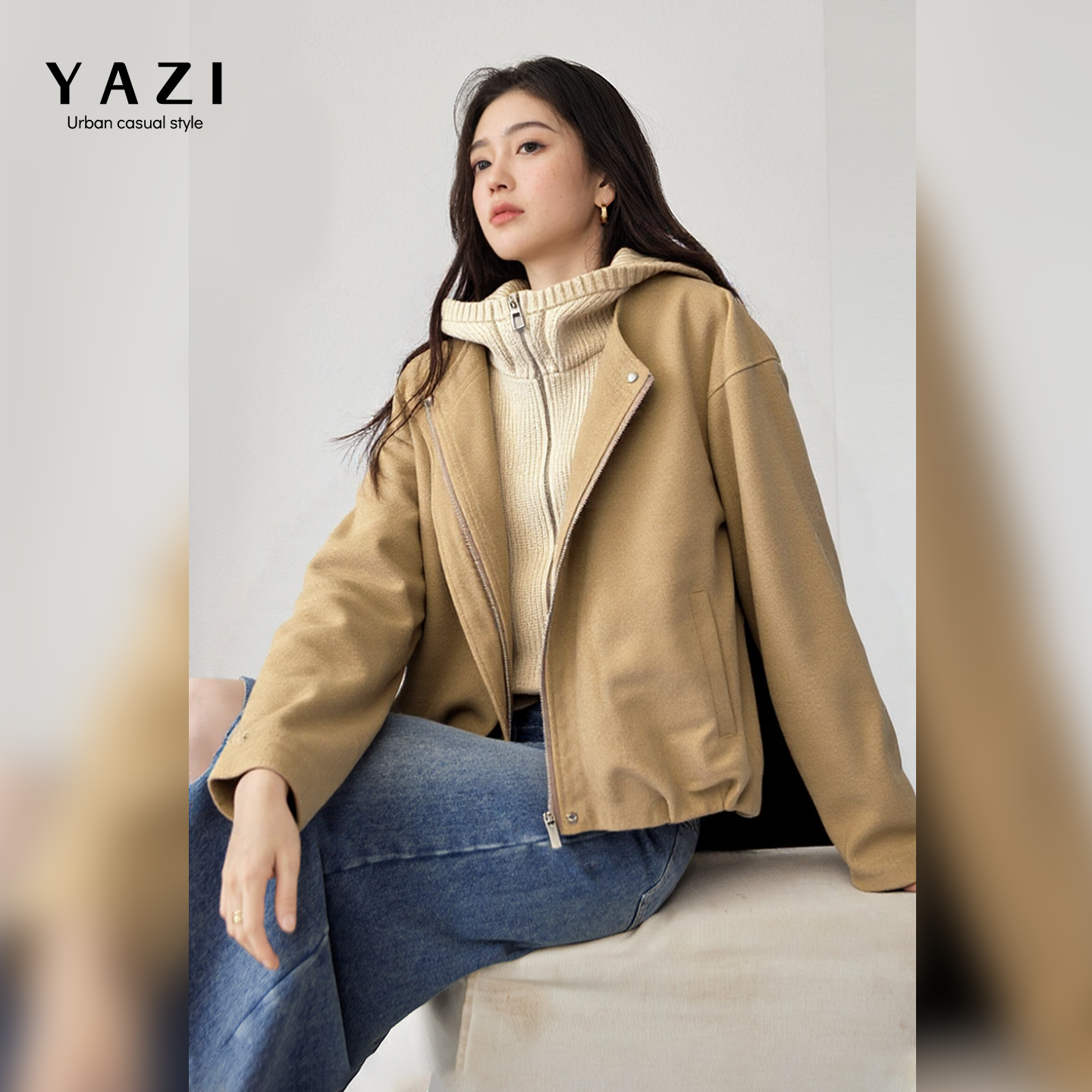 卡其假两件连帽羽绒服女复古宽松