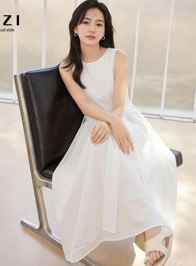 100棉法式白色无袖连衣裙女2026夏季新款收腰飘带显瘦气质A字长裙
