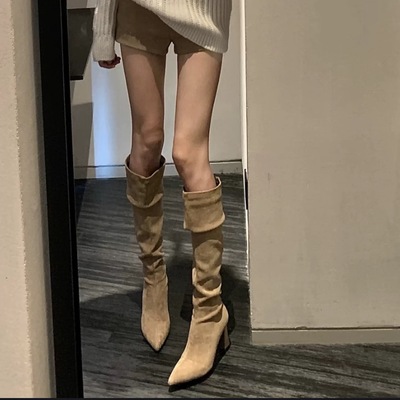 尖头绒面褶皱堆堆靴女高筒骑士靴