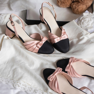 2025龙心同款法式粗跟凉鞋真皮百搭小香风蝴蝶结单鞋包头凉鞋女