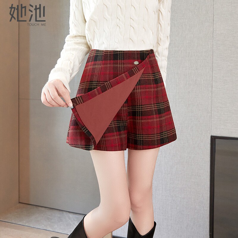 她池格纹短裤2025秋装新款女装美式复古高腰A字休闲裤学院风裙裤