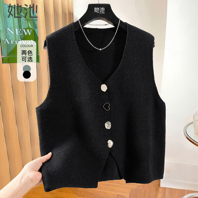 她池V领单排扣宽松款针织马夹