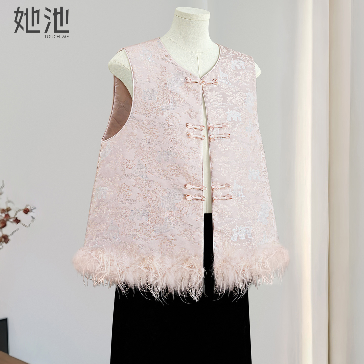 她池新中式叠穿单排扣毛边棉马甲