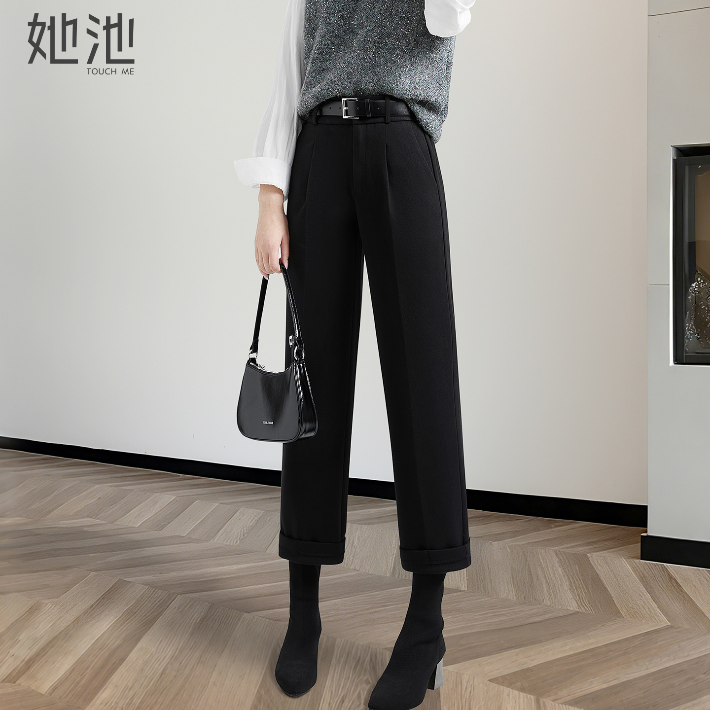 她池松紧高腰显瘦直筒九分休闲裤