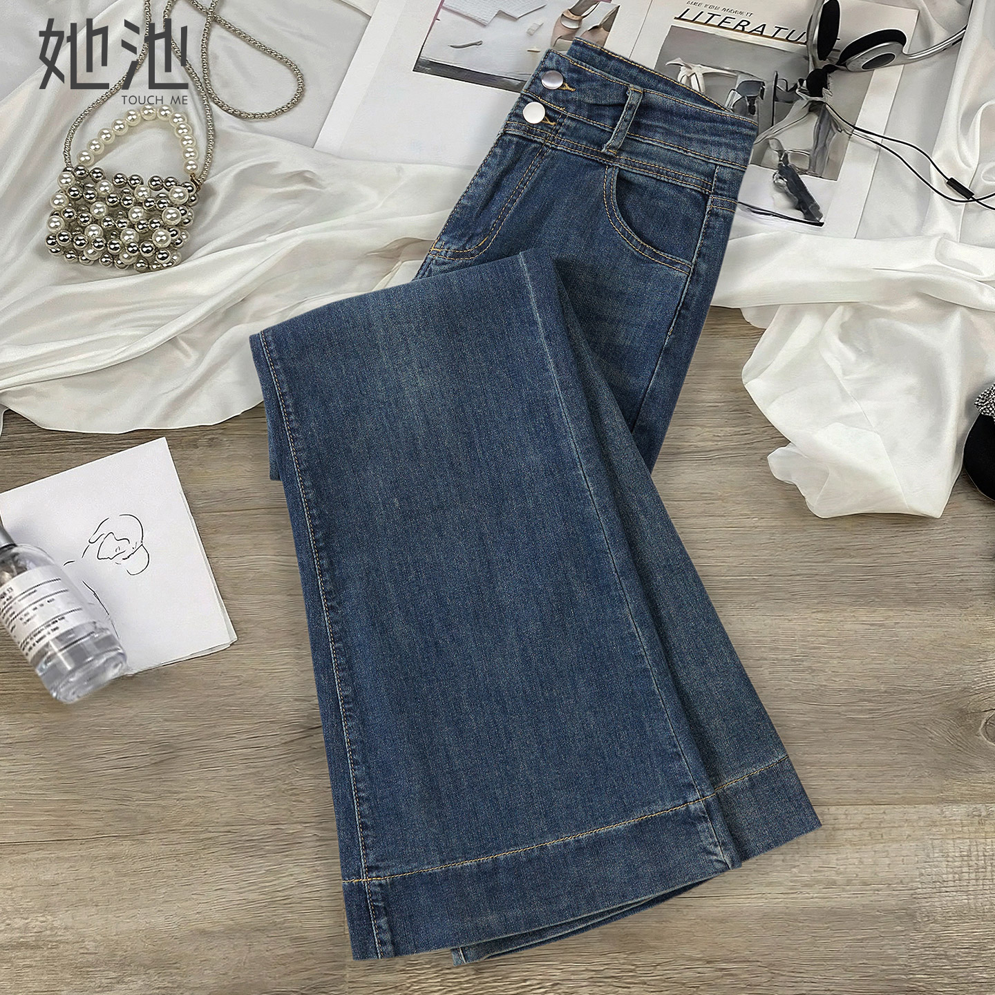 她池复古高腰修身水洗微喇牛仔裤