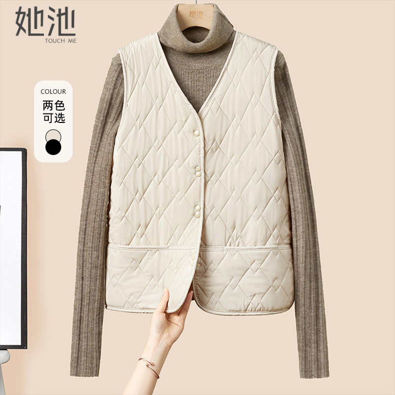 她池单排扣简约V领口袋宽松马甲