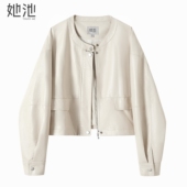 落肩长袖 她池PU外套2026春装 休闲风圆领宽松款 女装 夹克上衣 新款