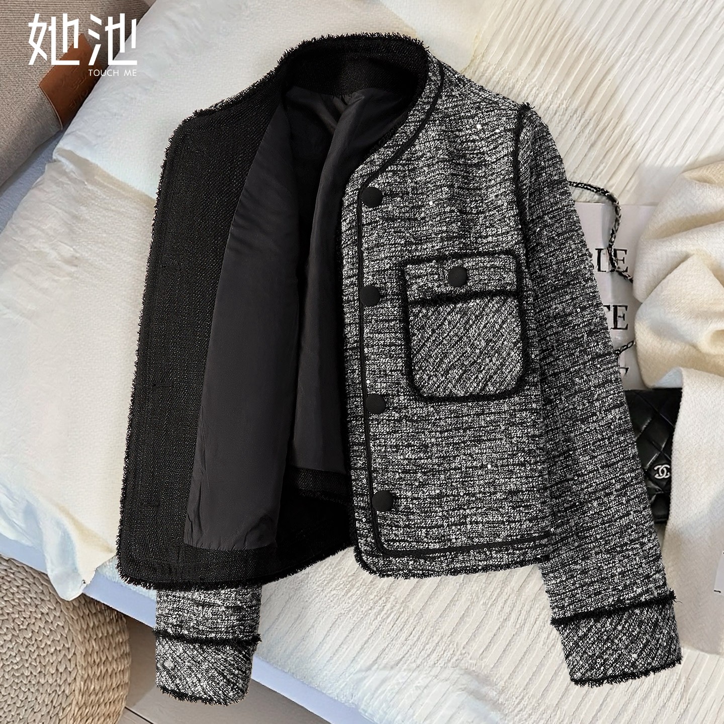 她池小香风外套2026春装新款女装优雅圆领单排扣正肩长袖短款上衣