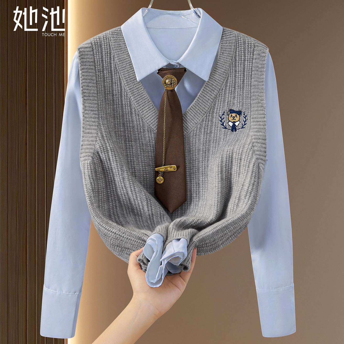 她池学院风套头短款叠穿针织马夹