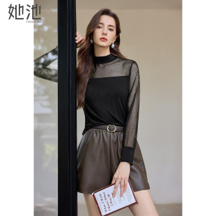 女装 新款 时尚 网纱拼接正肩短款 上衣 她池半高领打底衫 修身 2025秋装