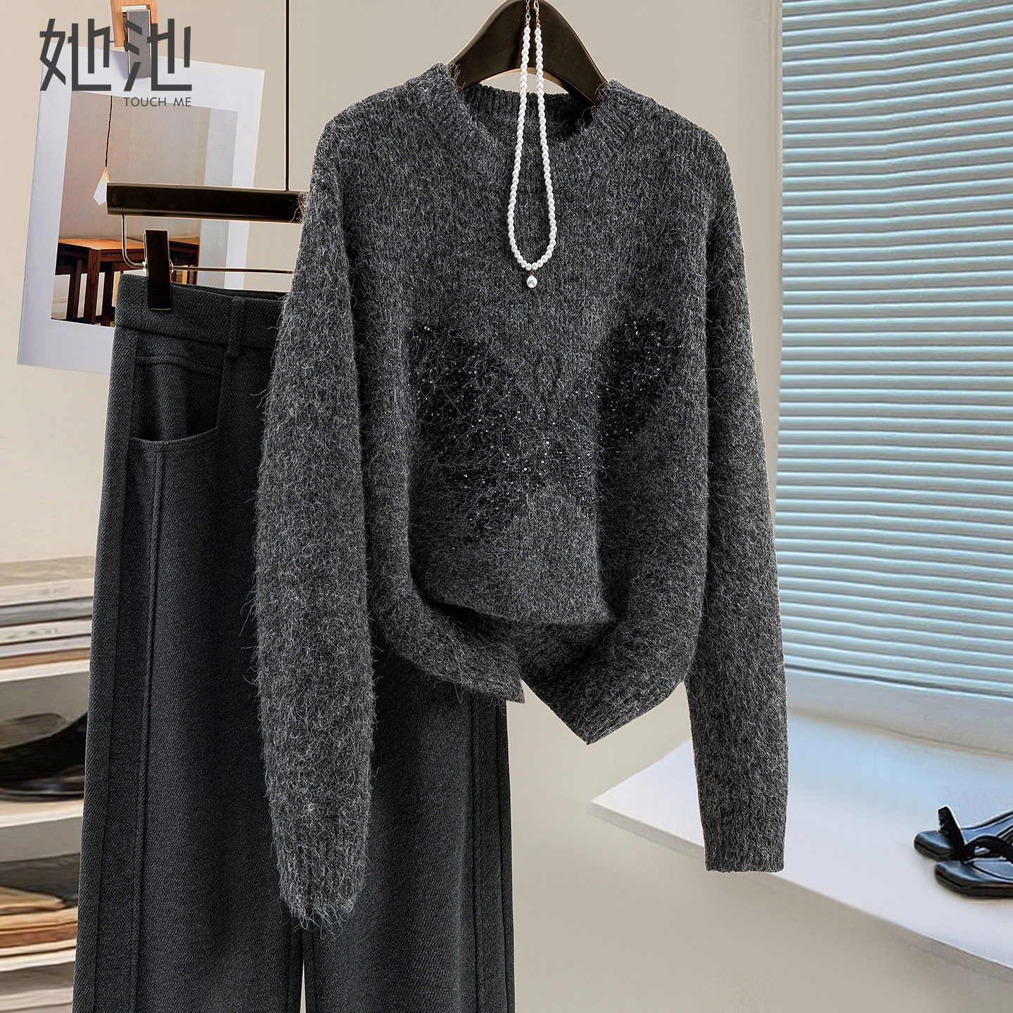 她池圆领套头慵懒风落肩长袖毛衣