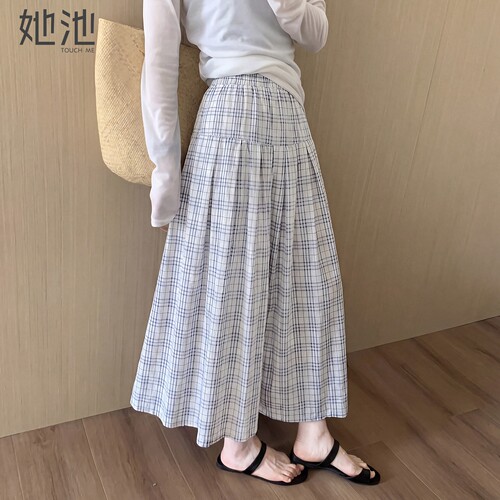 她池文艺风格纹中长款A字半身裙