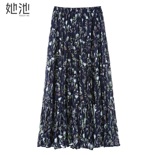 她池长款高腰宽松款印花半身裙