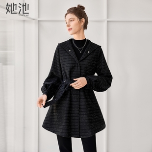 新款 中长款 女装 宽松款 气质上衣 通勤灯笼袖 她池连帽外套2025秋装