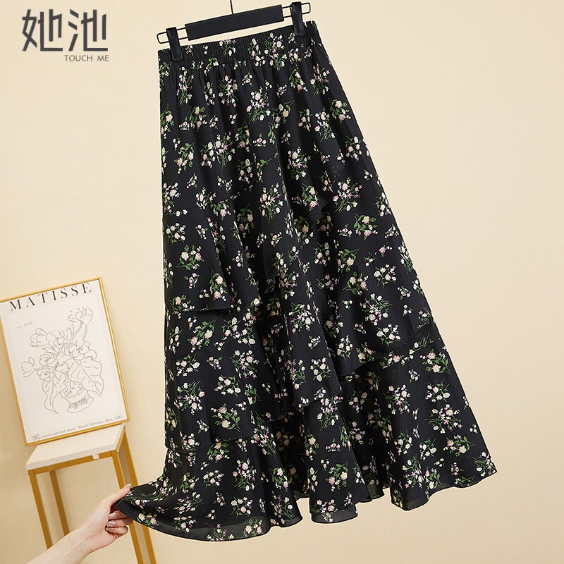 她池A字碎花裙2026春季新款女装时尚松紧腰荷叶边中长款半身裙