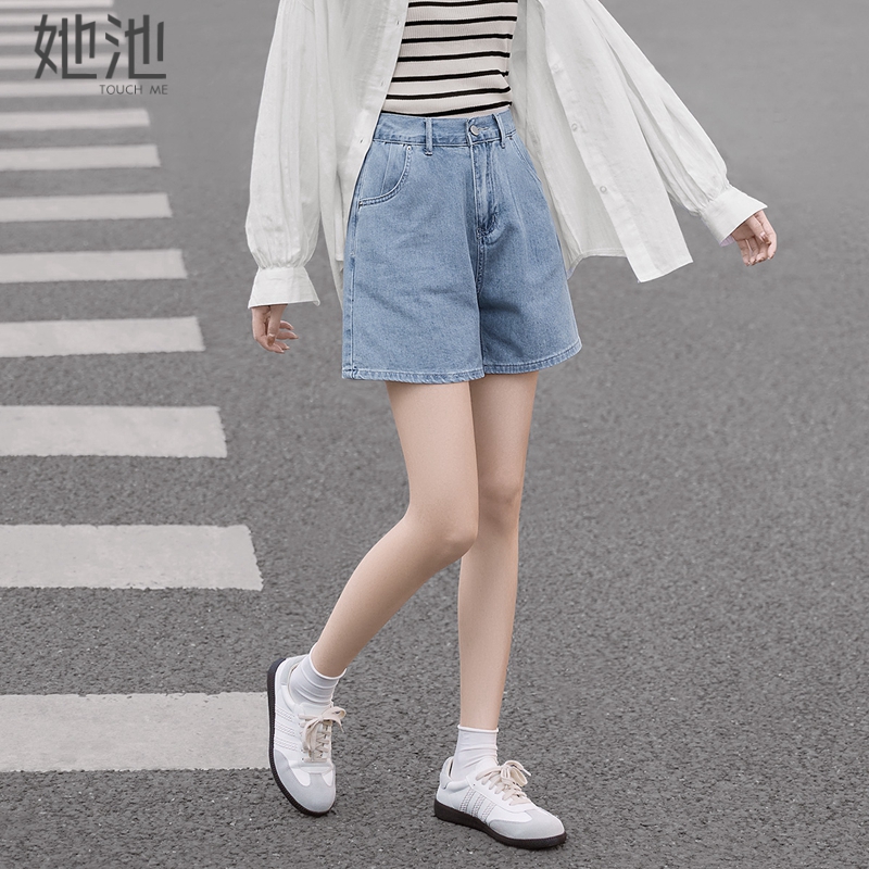 她池高腰短裤2025夏装新款女装简约休闲宽松款阔腿水洗时尚牛仔裤