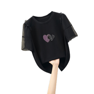 她池圆领T恤2026夏装新款女装爱心亮片泡泡袖网纱拼接短袖上衣