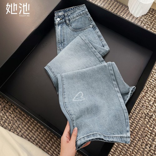 她池水洗高腰长款显瘦阔腿牛仔裤