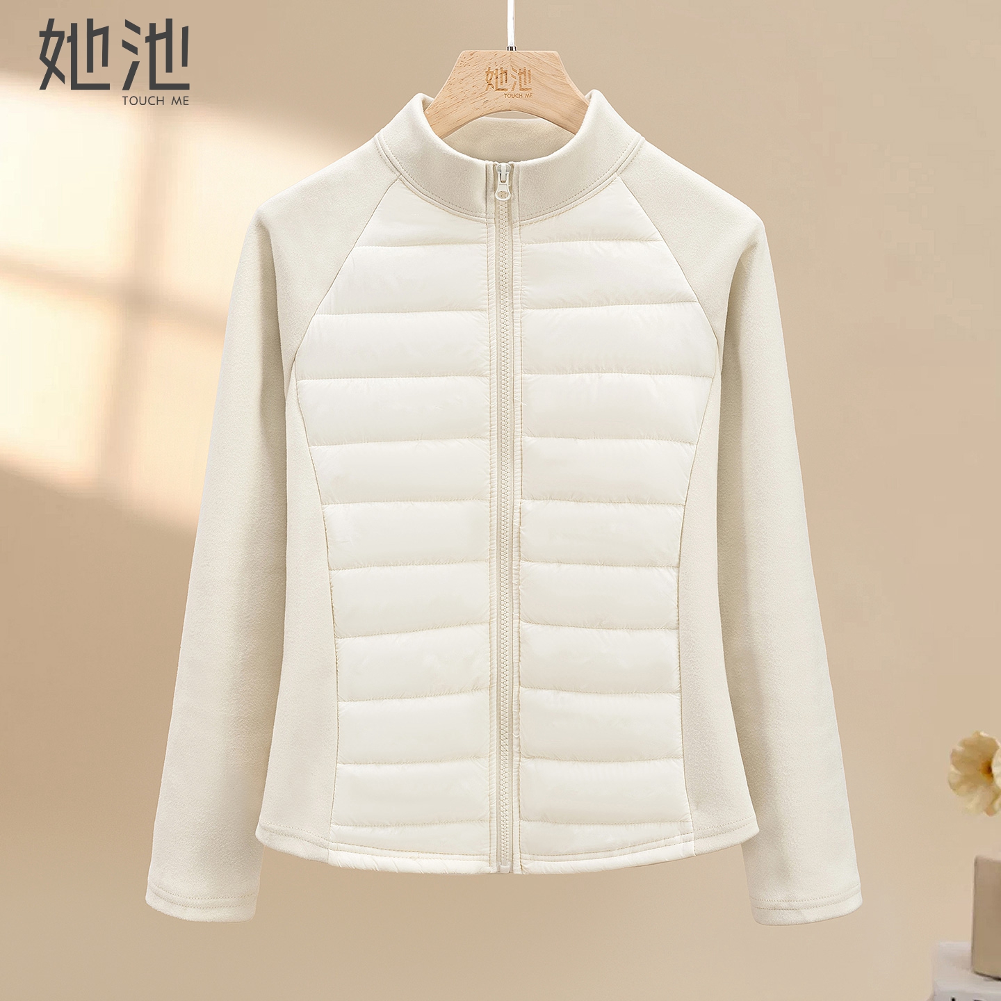 她池立领插肩袖修身拉链短款外套