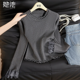 她池圆领针织衫2026春装新款女装文艺风蕾丝拼接长袖套头修身上衣