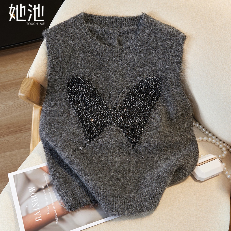 她池圆领亮片短款叠穿针织马夹