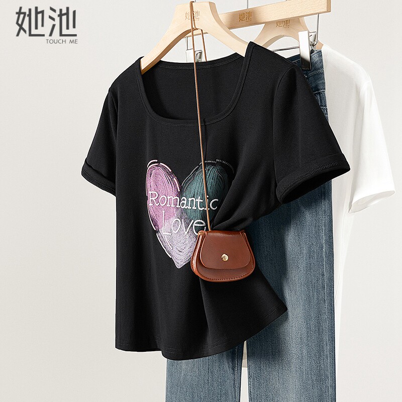 她池方领T恤2026夏装新款女装通勤时尚爱心印花套头短袖短款上衣