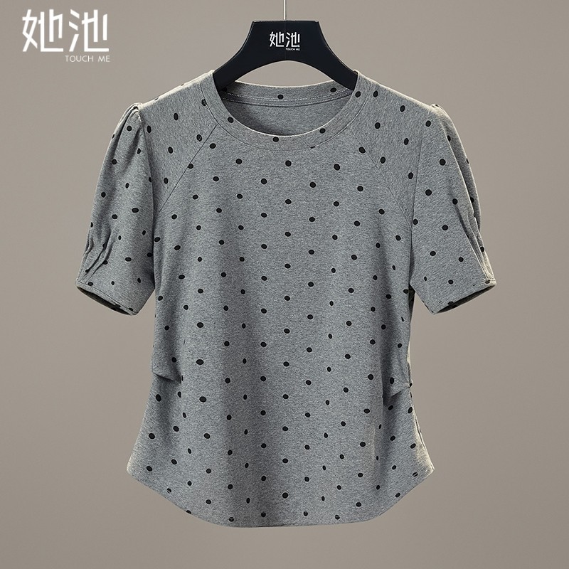 她池圆领T恤2026夏装新款女装时尚波点印花短款抽褶套头短袖上衣