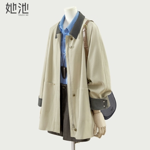 女装 新款 时尚 撞色翻领插肩袖 外套 她池宽松款 中长款 风衣2026春装