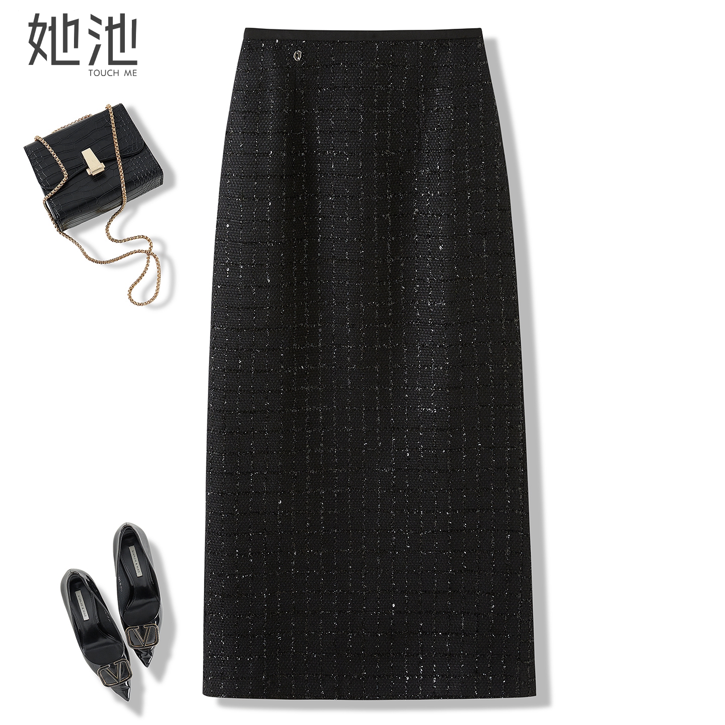 她池气质高腰后开叉小香风半身裙