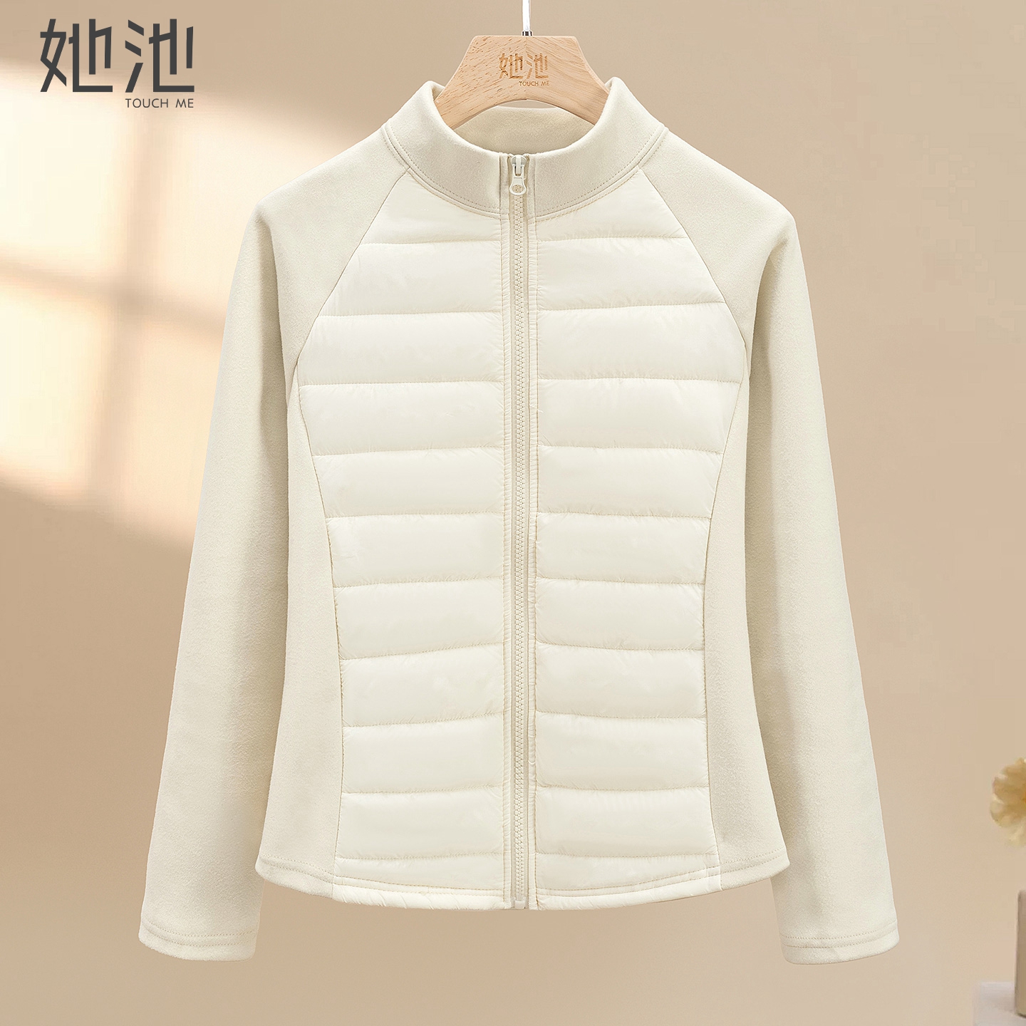 她池立领插肩袖修身拉链短款外套