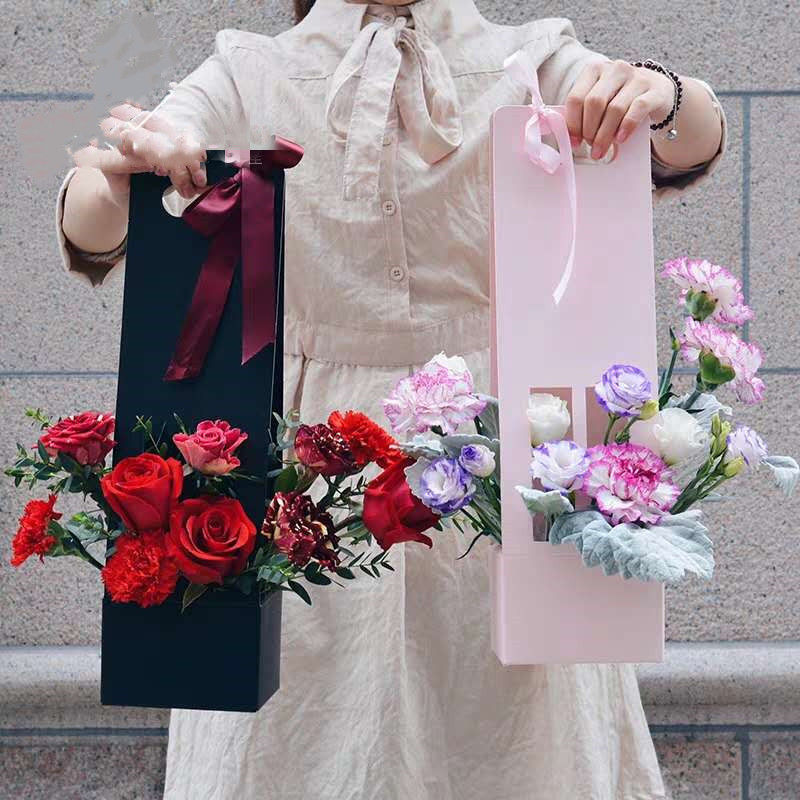 手提花盒纸质手提花篮手拎花袋牛皮纸色插花盒七夕玫瑰花包装材料图片