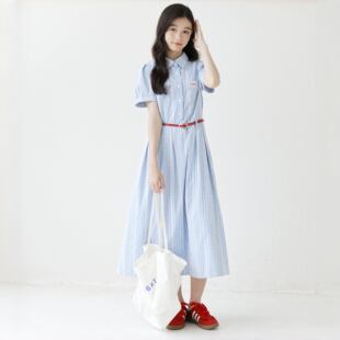学院风大女童连衣裙学生文艺浅蓝色格子衬衫裙短袖收腰小个子长裙
