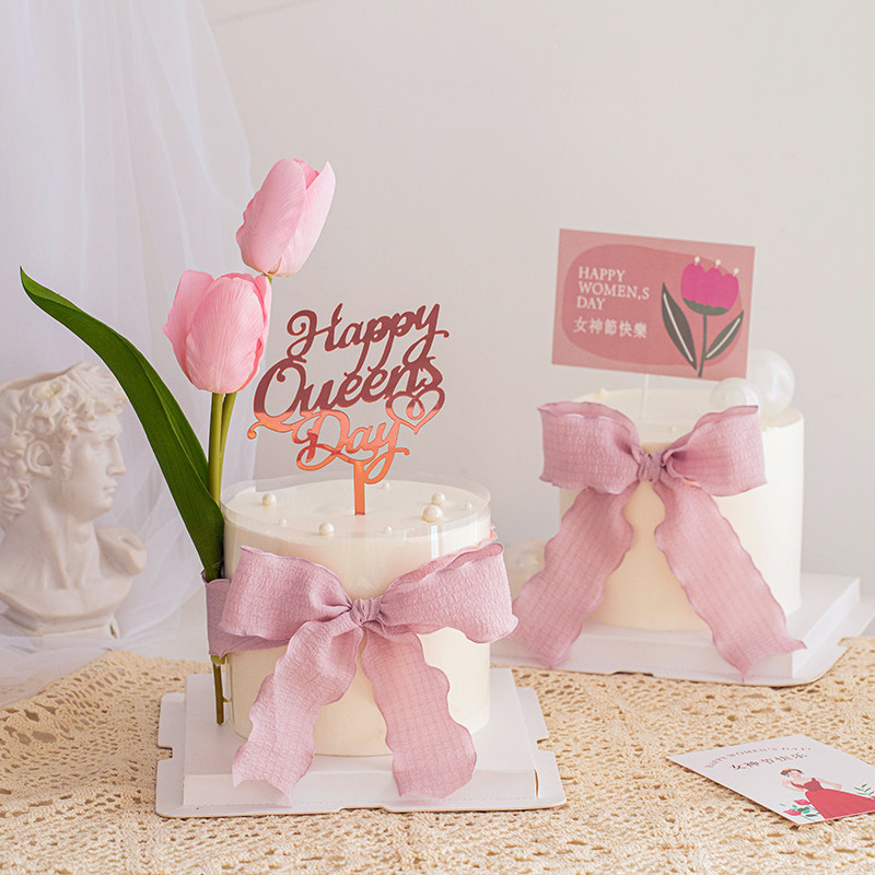 38女神节蛋糕装饰摆件网红蝴蝶结丝带三八妇女节粉色郁金香插件