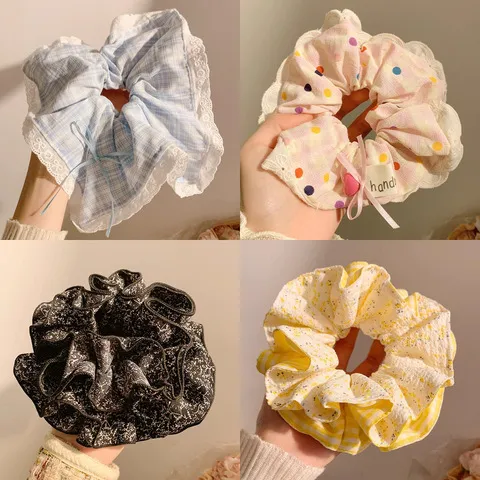 韩国网纱扎头皮筋发圈缎面甜美森系韩系女大肠感格纹头绳复古