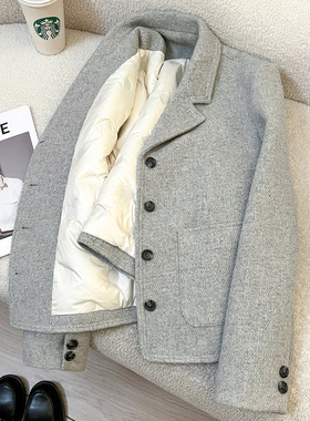 今年流行特惠灰色羽绒内胆毛呢西装外套女2025新款冬季高级感时尚