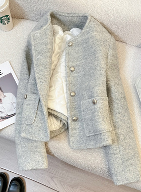 今年流行特惠浅灰色内里夹棉小香风短外套女2025秋冬装新款高级