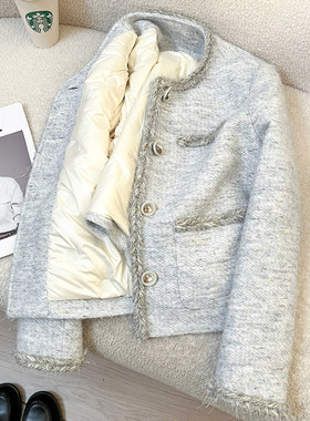 今年流行特惠灰蓝色气质精致羽绒内胆小香风短外套女2025新款冬季